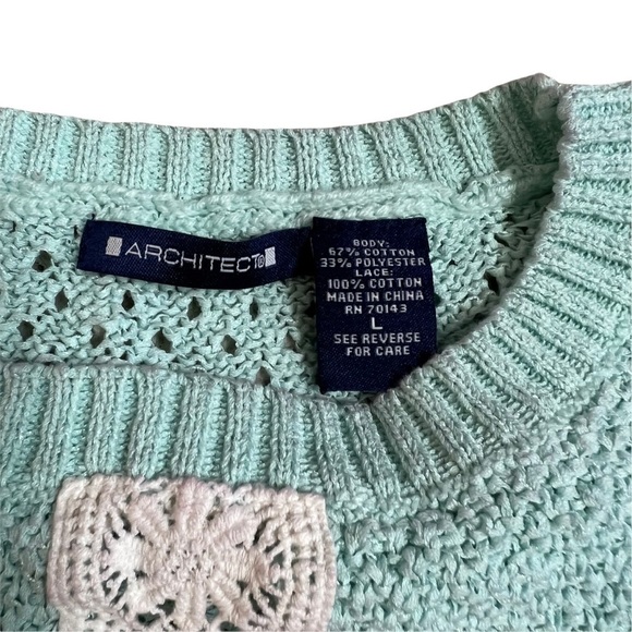 Architect Blue Crochet Open Knit Sweater White Lace Trim Lightweight Pullover L - Picture 7 of 7